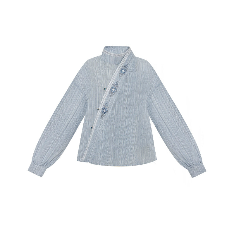 More than thirteen [Cangming Night] denim embroidered jacket curved collar top trousers set modern HanFuDreams Curly neck top S