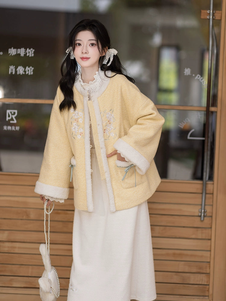 Chi Xia [Fleece Butter] Crew Neck Short Jacket Umbrella Skirt Han han HanFuDreams