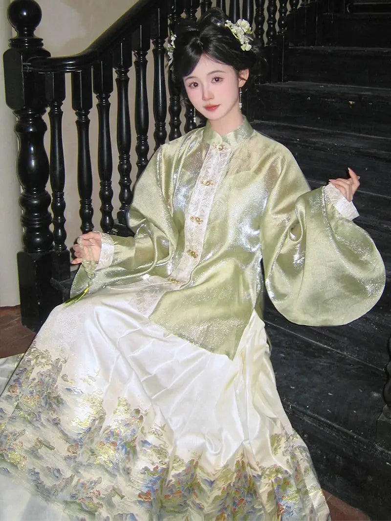 Flower Fairy Story [Shuiguang Mountain] Stand-up Neck Pipa Sleeve Horse Skirt Set Ming ming HanFuDreams