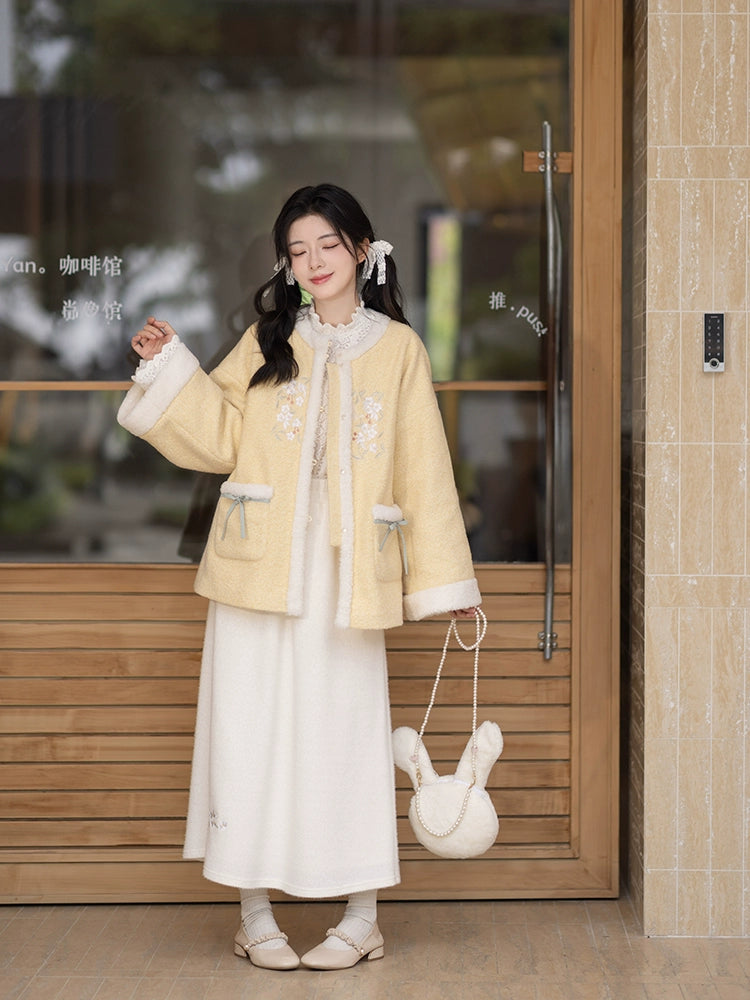 Chi Xia [Fleece Butter] Crew Neck Short Jacket Umbrella Skirt Han han HanFuDreams