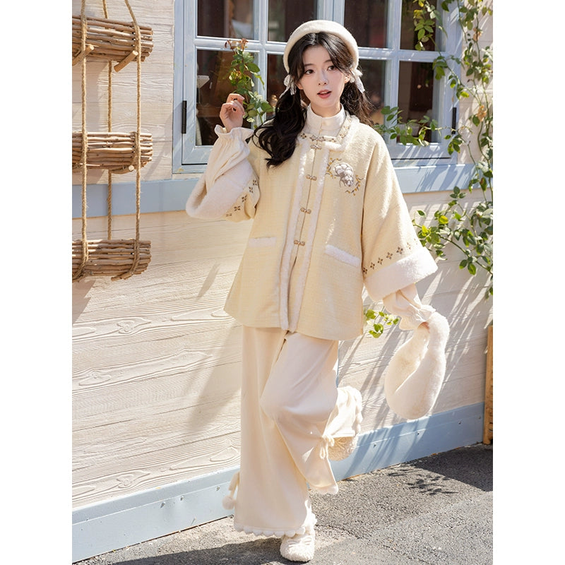 Chi Xia [Mianmian Yellow] Square Neck Half-Sleeve Short Jacket Shorts Song Pants song HanFuDreams Cotton milk yellow three-piece set S