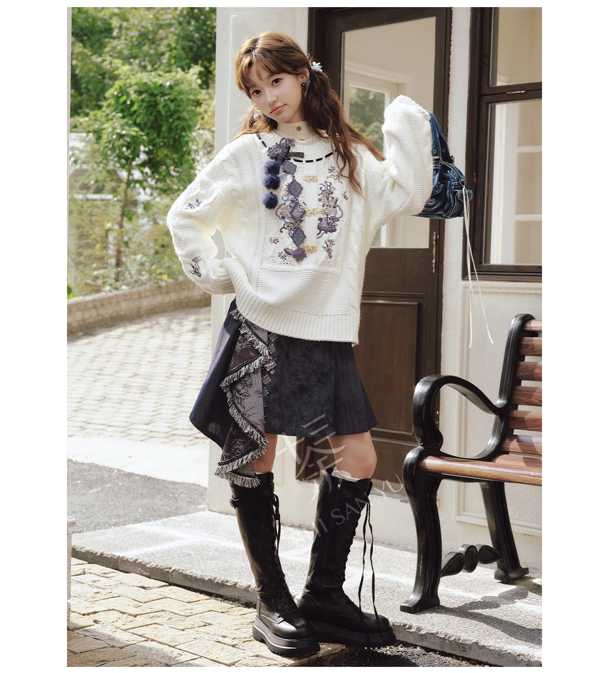 More than thirteen [blue and white] embroidered crew neck sweater spliced denim skirt