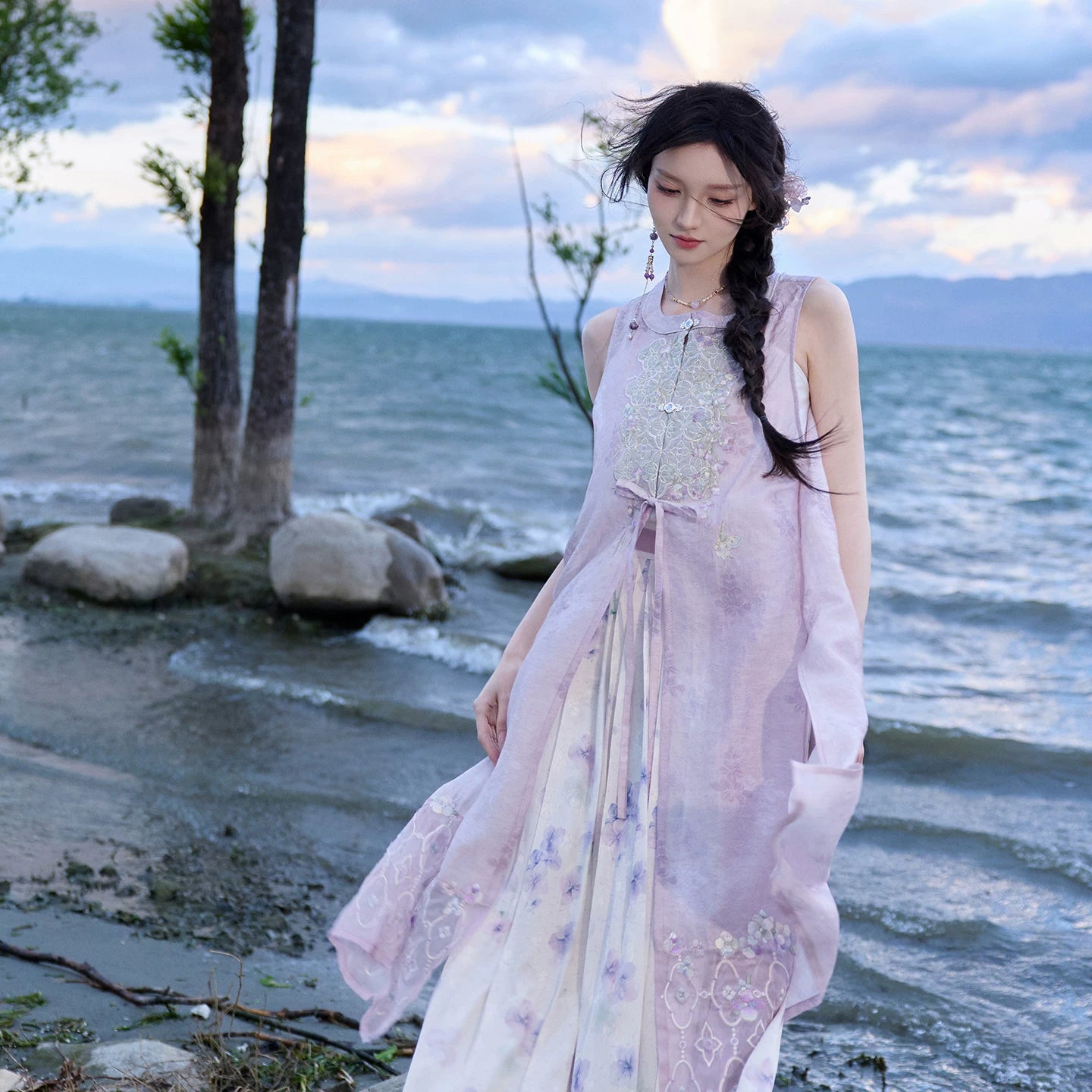 [Embroidered Lotus] Ming Dynasty Purple Lyocell Hanfu Set modern Shisanyu 2-Piece Set S