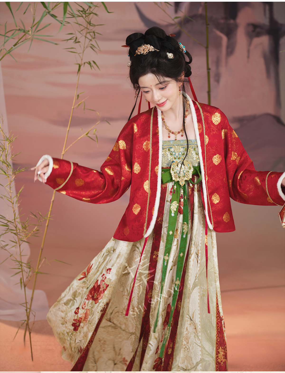 Thirteen more [Yujing Hibiscus] woven gold placket jacket chest suspender skirt Tang system tang HanFuDreams