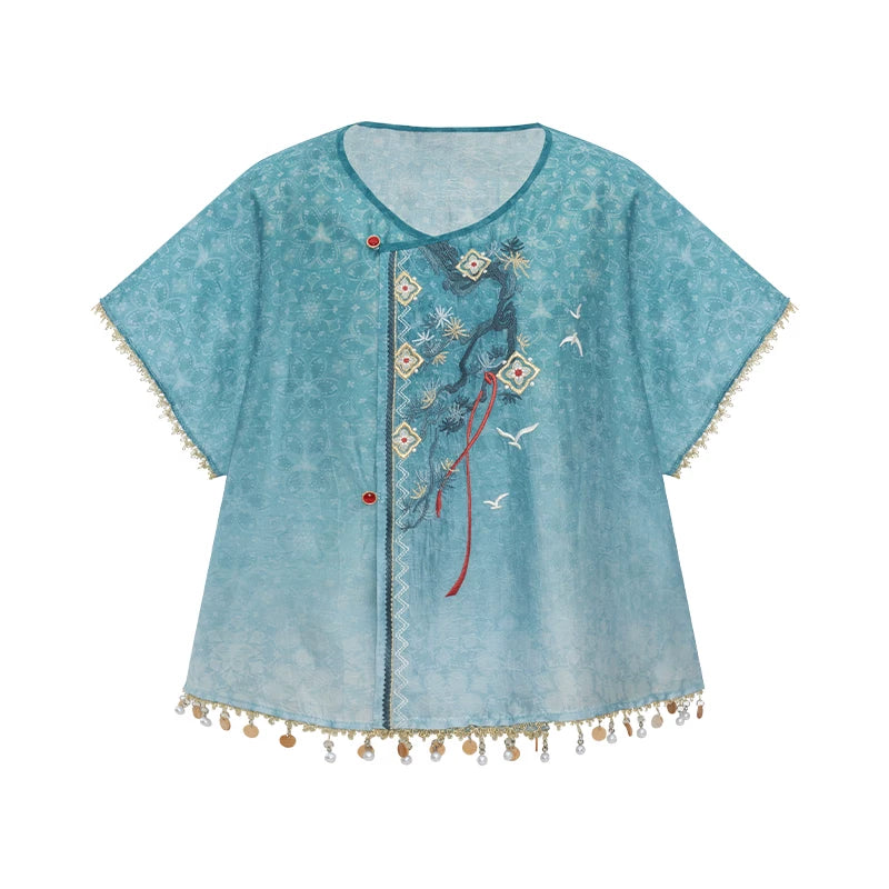(Pre-Order)[Pine Lake] Modern Tang Style 2-Piece Blue Hanfu Set modern Shisanyu Tang-style Short Top XS