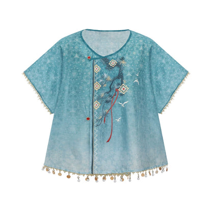 (Pre-Order)[Pine Lake] Modern Tang Style 2-Piece Blue Hanfu Set modern Shisanyu Tang-style Short Top XS