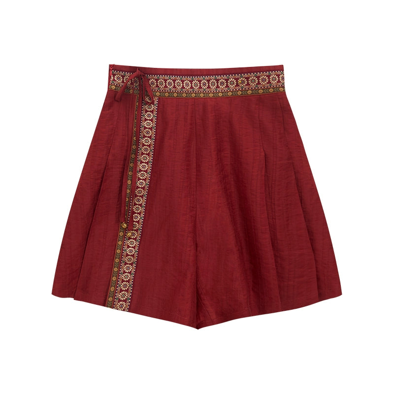 More than thirteen [red willow] summer Tencel shirt shorts national style set modern HanFuDreams shorts S