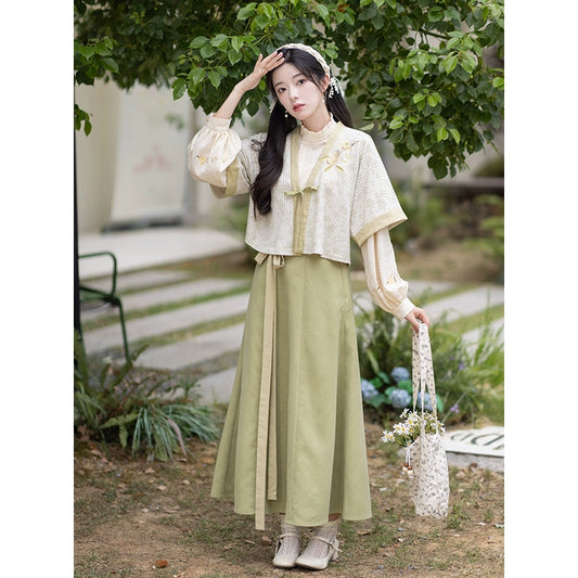Chi Xia [Osmanthus Longjing] knitted Tang jacket shirt broken skirt Tang tang HanFuDreams Osmanthus Longjing three-piece set S