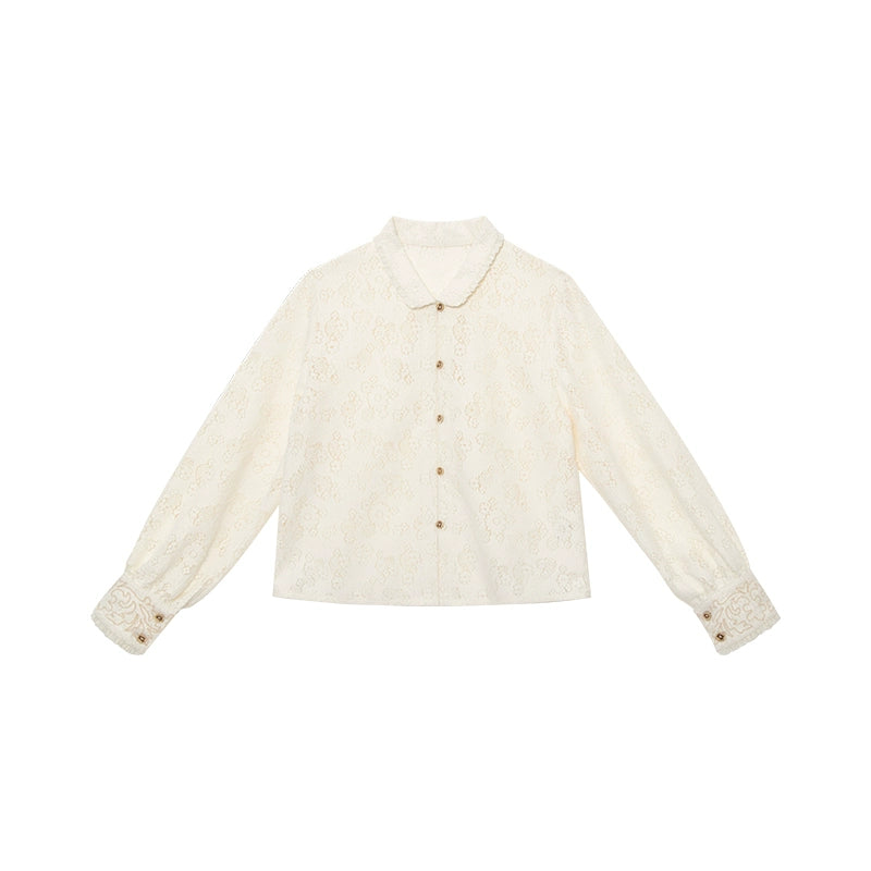 July Eve [Huayang] Lace White Shirt Jacquard Denim Vest Ripped Jeans modern HanFuDreams Flower, improved cardigan XS