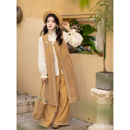 Ming Long Bijia Vest, Short Top & Wide-Leg Pants – Modernized Hanfu modern Chixia Kumquat lemon four-piece set (only one new corsage is given) S
