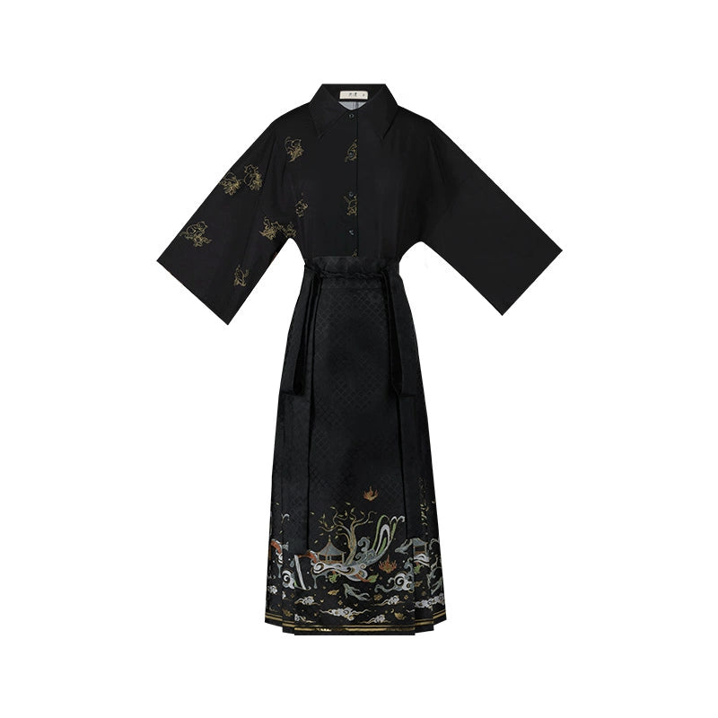 Han element horse dress Hanfu han HanFuDreams black shirt + black eight-point horse skirt S