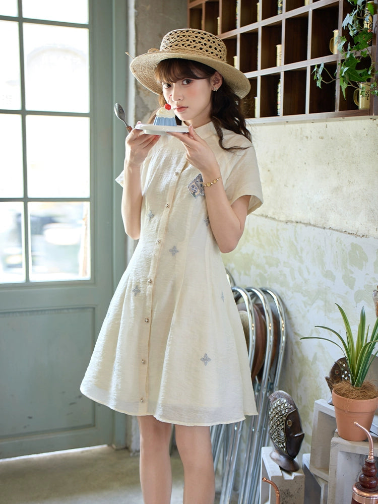 More than thirteen [daydream] national style embroidered white waist short-sleeved dress modern HanFuDreams