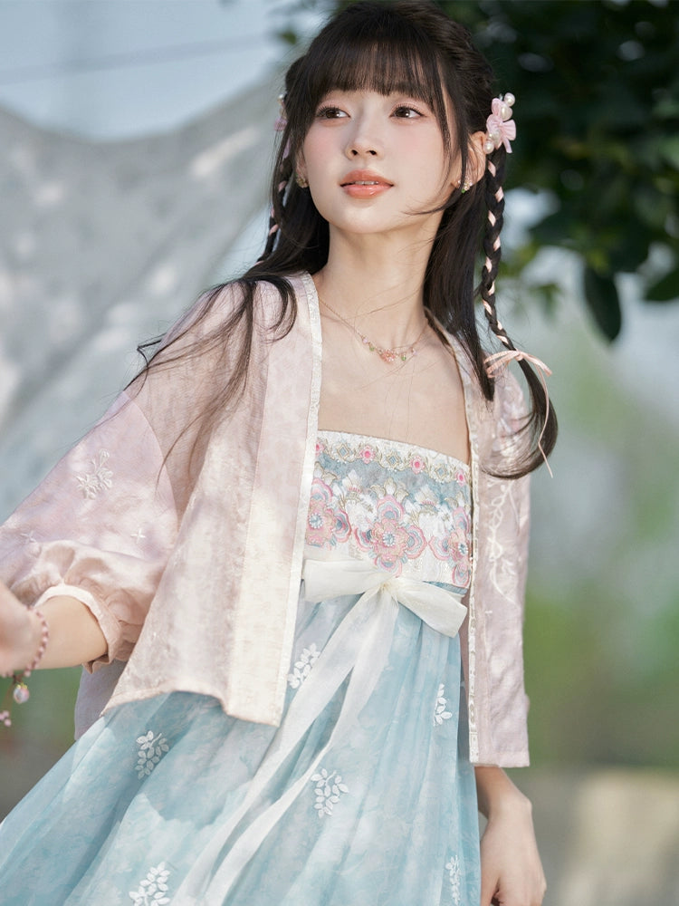 More than Thirteen [Peach Xi] Tencel Jacket Suspender Skirt Pink Dress Set modern HanFuDreams