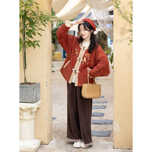 Chi Xia [Wan Persimmon Big Orange] Fleece Padded Short Jacket Long Pants Han han HanFuDreams Wanpersimmon big orange two-piece set S