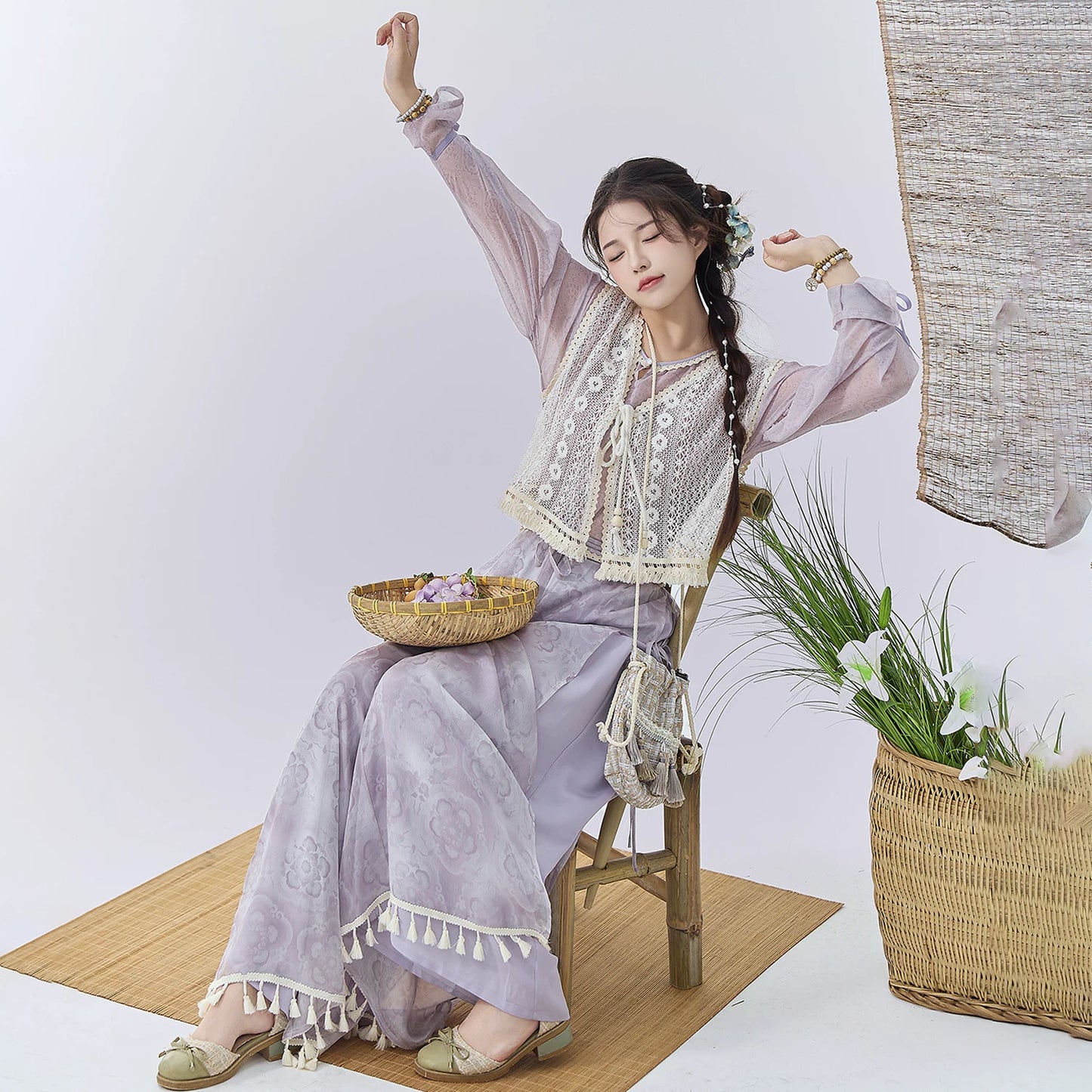 Flower Fairy Story [Qing Yunjin] Crew Neck Vest Improved Song Pants Wide Leg Pants song HanFuDreams Purple improved round neck + purple improved Song pants + vest (buy a free bag today) S