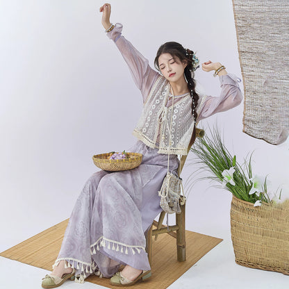 Flower Fairy Story [Qing Yunjin] Crew Neck Vest Improved Song Pants Wide Leg Pants song HanFuDreams Purple improved round neck + purple improved Song pants + vest (buy a free bag today) S