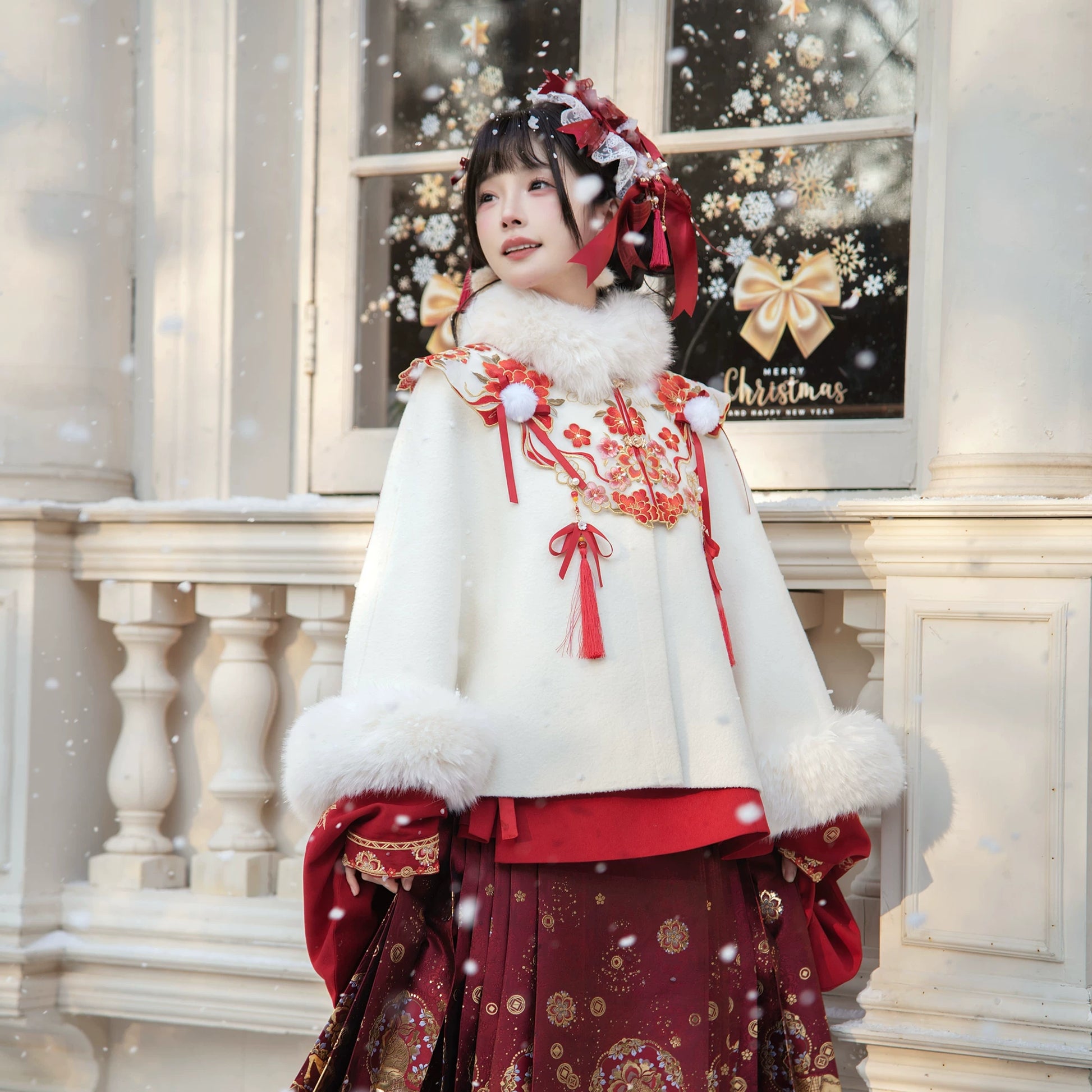 Flower Fairy Story [Gilt Pony] Pipa Sleeve Horse Dress Han-Yang Eclectic Set han HanFuDreams White woolen cloak with fur collar [one size fits all] S