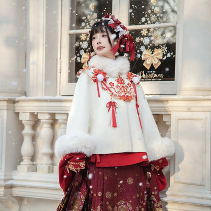 Gilt Pony - Pipa-Sleeve Mamianqun Set Fur-Collar Cape & Ruffled Overlay han Flower Fairy Story White woolen cloak with fur collar [one size fits all] S