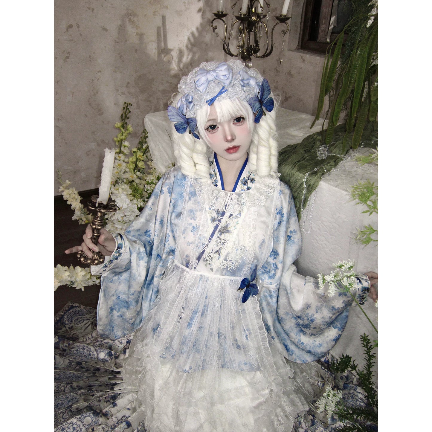 Flower Fairy Story [Celadon Mirror] Pipa Sleeve Blue and White Porcelain Horse Dress Set Han han HanFuDreams Skirt S