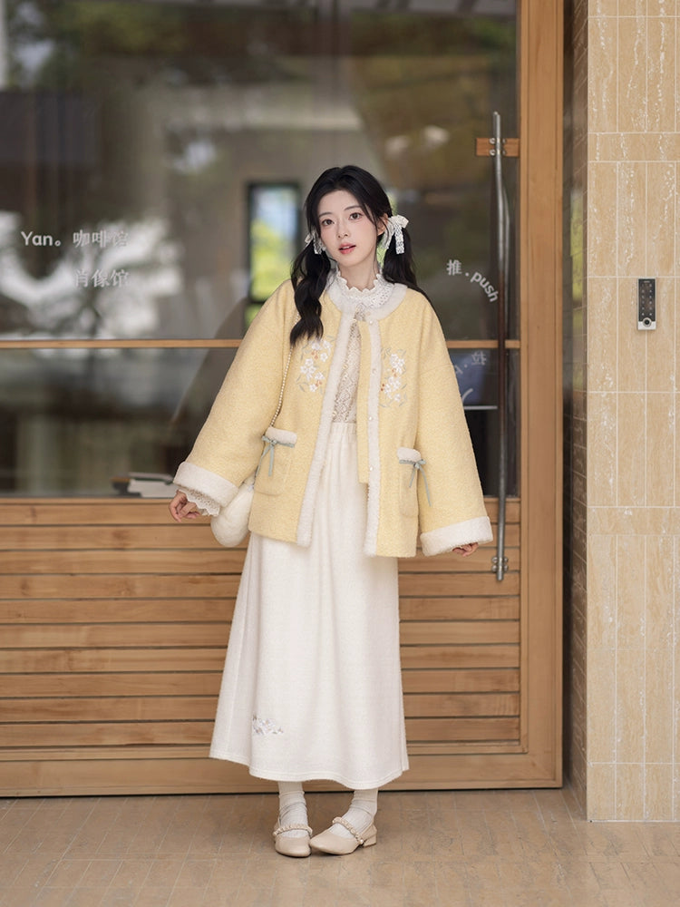 Chi Xia [Fleece Butter] Crew Neck Short Jacket Umbrella Skirt Han han HanFuDreams