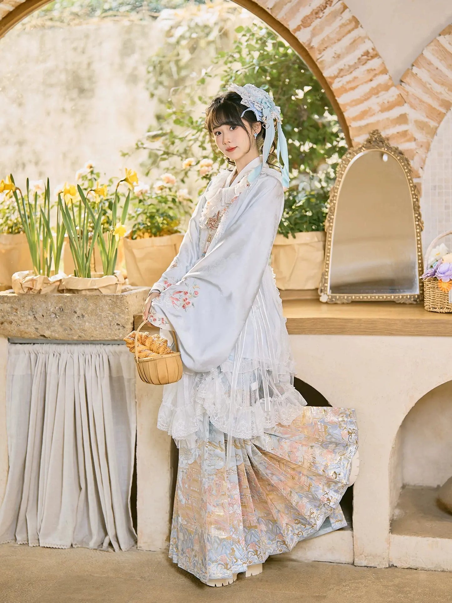 Flower Fairy Story [Yan Yunting] Pipa Sleeve Crossneck Shirt Blue Horse Skirt Set Ming ming HanFuDreams