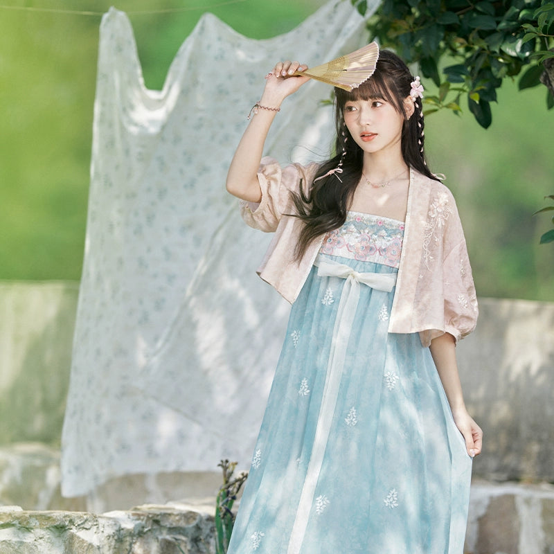 More than Thirteen [Peach Xi] Tencel Jacket Suspender Skirt Pink Dress Set modern HanFuDreams two-piece set S