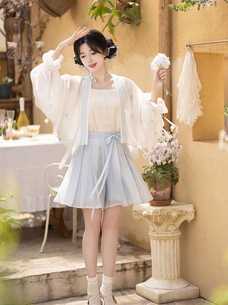 Tang Tiansi Silk Hanfu Summer Set — Top, Six-Panel Skirt & Shorts han Chixia