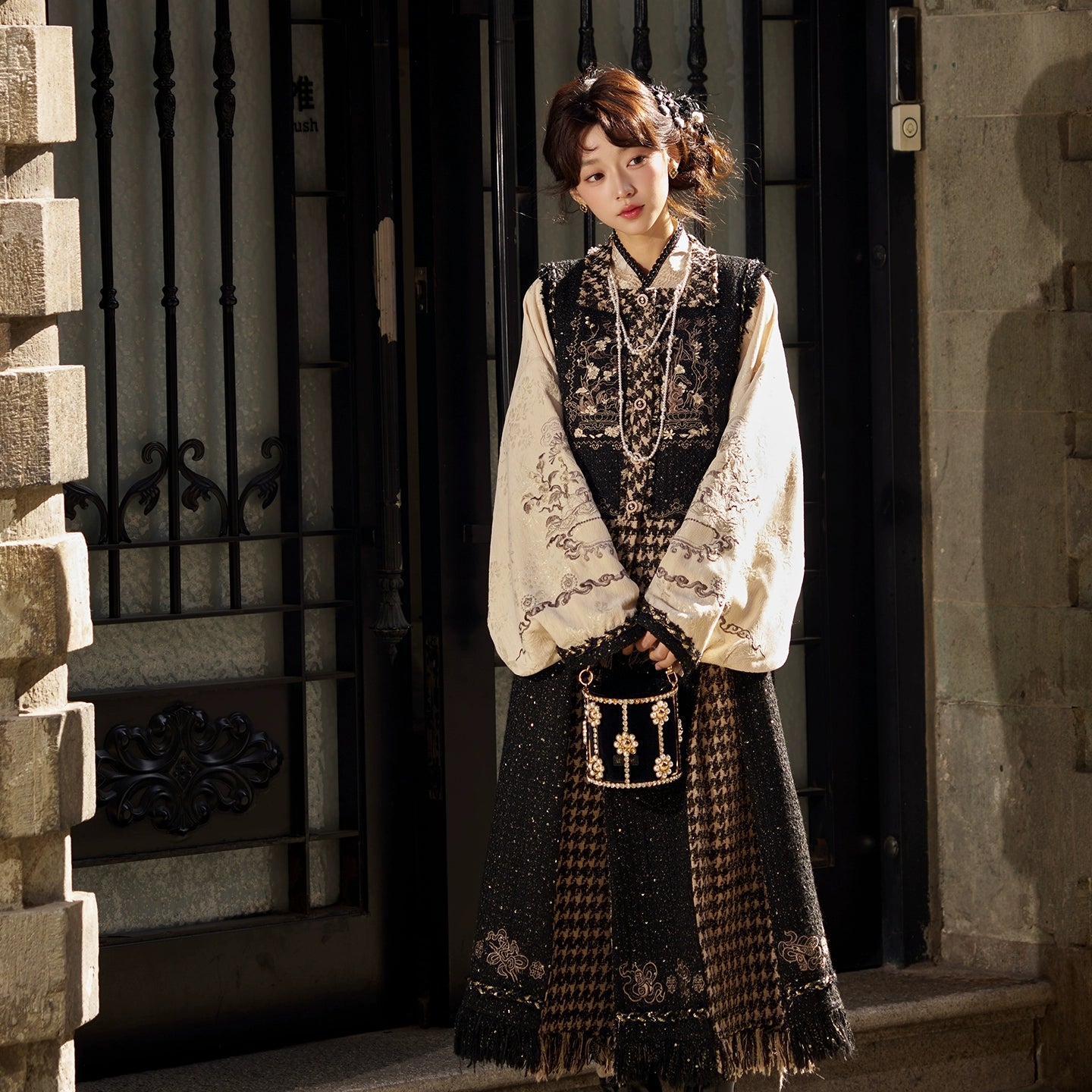 More than thirteen [gold ink loose smoke] improved three-pleated skirt than a collar shirt modern HanFuDreams Three-piece set S