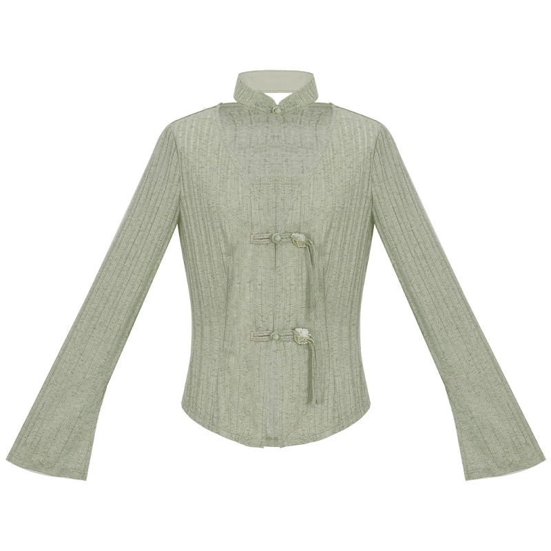 More than thirteen [Linchun poems] knitted cardigan wide-leg pants set spring HanFuDreams Cardigan + tube top S