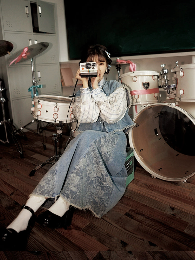 More than thirteen [brocade blue] vest cardigan three-pleat skirt set modern HanFuDreams