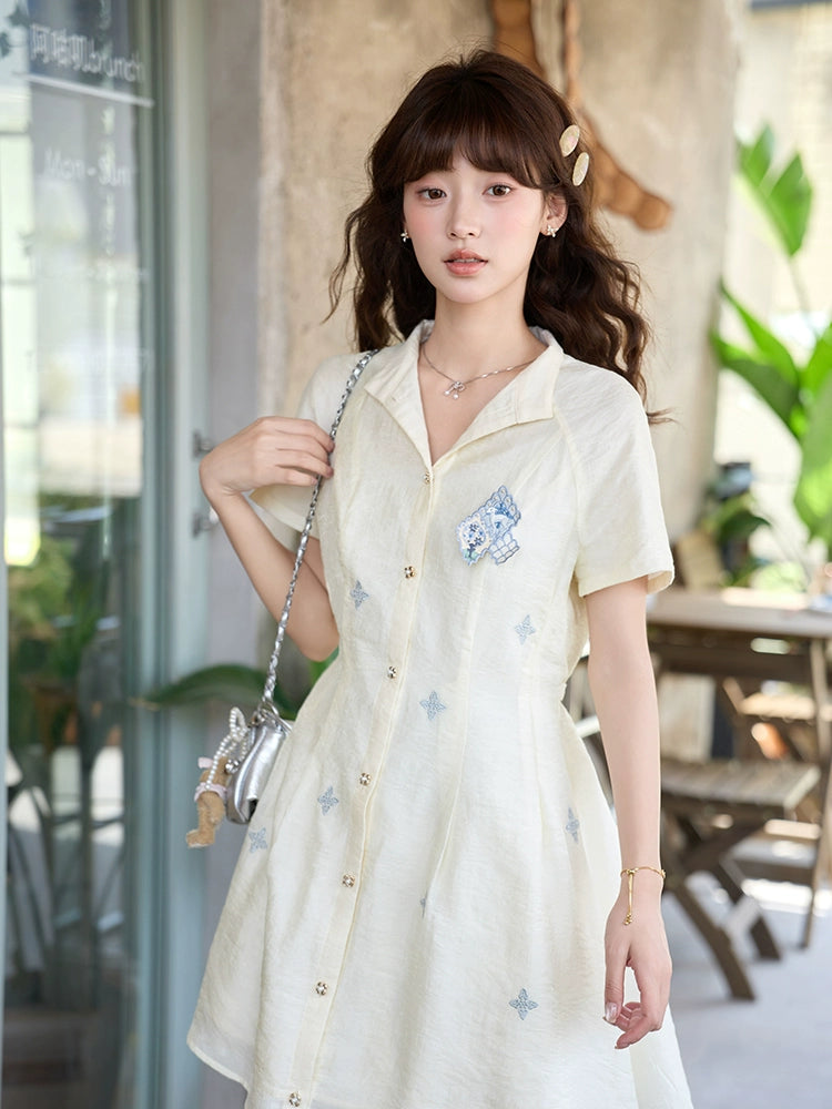 More than thirteen [daydream] national style embroidered white waist short-sleeved dress modern HanFuDreams