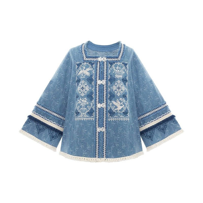 More than thirteen [Xianyunhe] embroidered square collar denim jacket horse skirt modern HanFuDreams denim jacket S