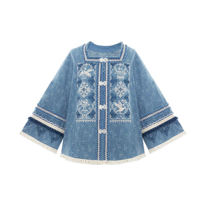 More than thirteen [Xianyunhe] embroidered square collar denim jacket horse skirt modern HanFuDreams denim jacket S