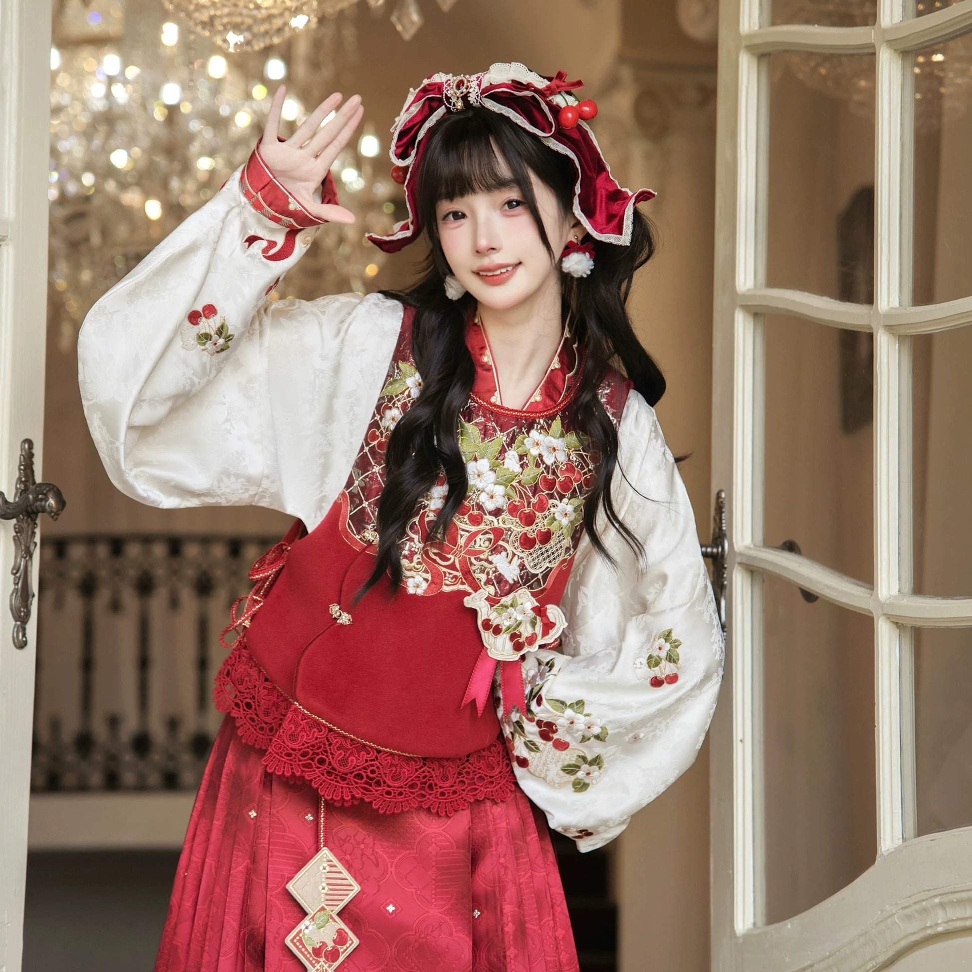 Flower Fairy Story [Cherry Tea Party] Pipa Sleeve Horse Dress Set Han han HanFuDreams Pipa sleeve 3-piece set, free small teapot accessories. S