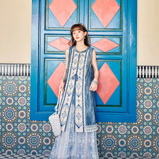 Bishanghua Denim Hanfu Set—Long Bijia Vest & Printed Chiffon Skirt modern Shisanyu Two-piece set S