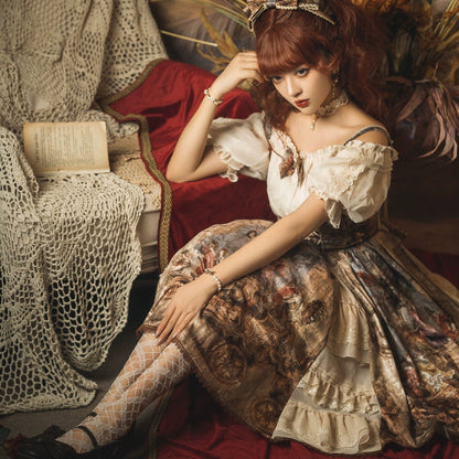 Sakura love oil painting handle lolita kloria jskcla court style lolita HanFuDreams Full set (jsk skirt + inner cover + headband + neck accessories) S