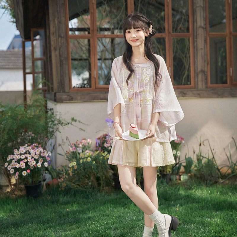 More than thirteen [vine smoke] half-sleeved anti-penetration shorts, national style set modern HanFuDreams two-piece set S