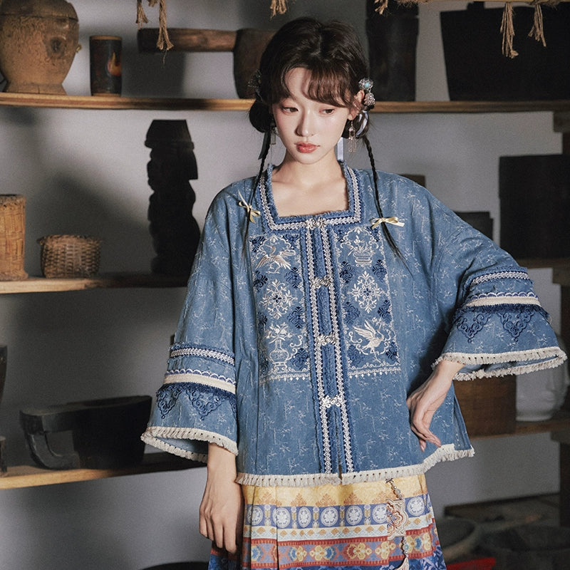 More than thirteen [Xianyunhe] embroidered square collar denim jacket horse skirt modern HanFuDreams two-piece set S