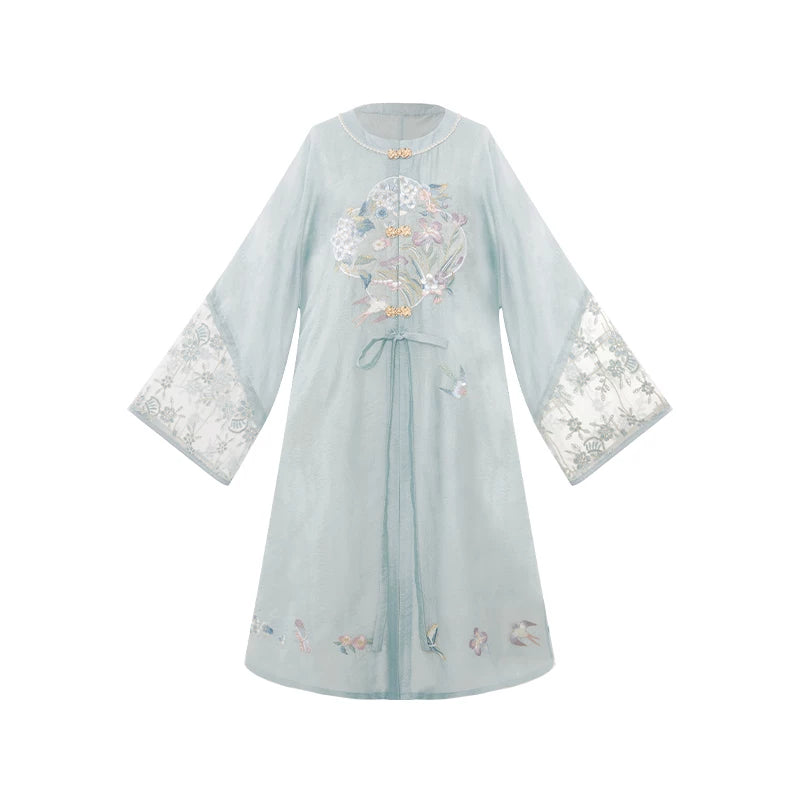 [Cyan Wave] Casual Blue Hanfu Set modern Shisanyu Round-Neck Top S