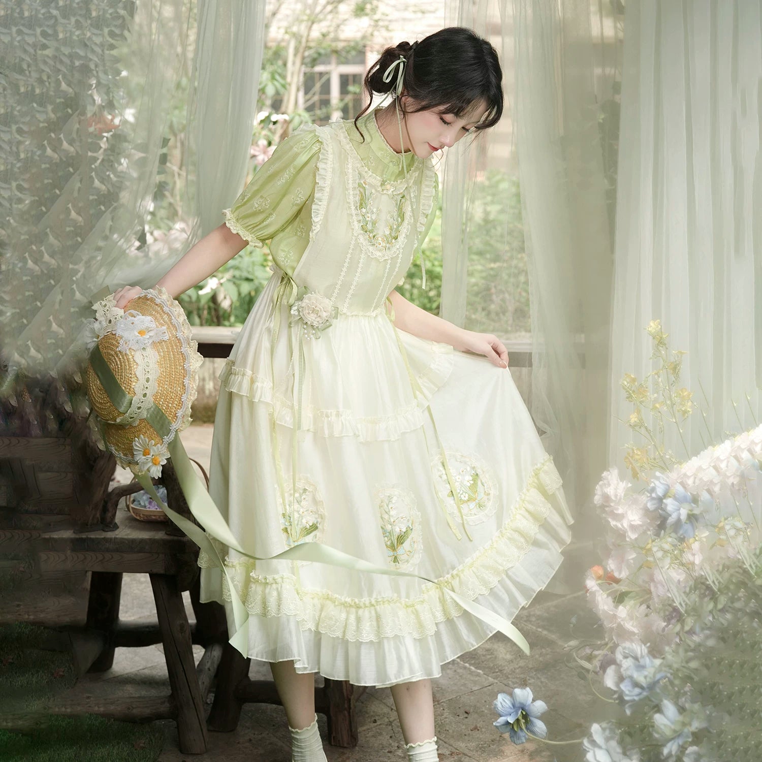 Flower Fairy Story [Lily of the Valley] Embroidery Skirt Shirt Set Han han HanFuDreams Three-piece set [xl default skirt L size] S