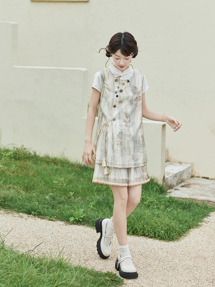 More than thirteen [Zhuxi] embroidered Tencel vest shorts chic set modern HanFuDreams