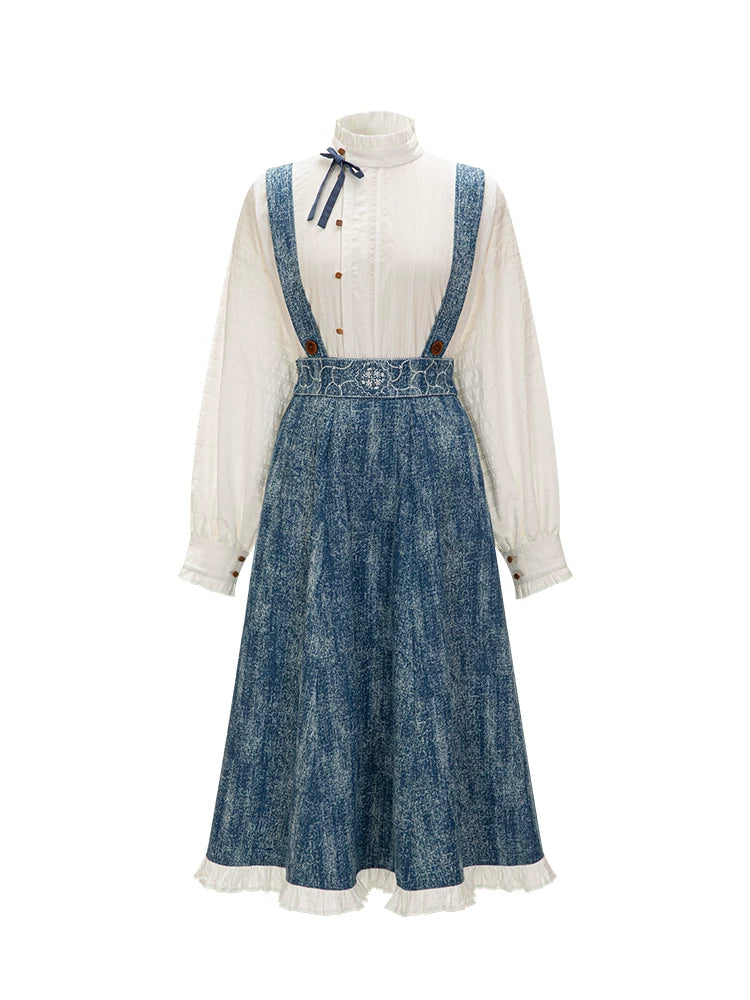 Chi Xia [Forest Blue Language] Han Element Stand-up Neck Short Shirt Strap Skirt han HanFuDreams