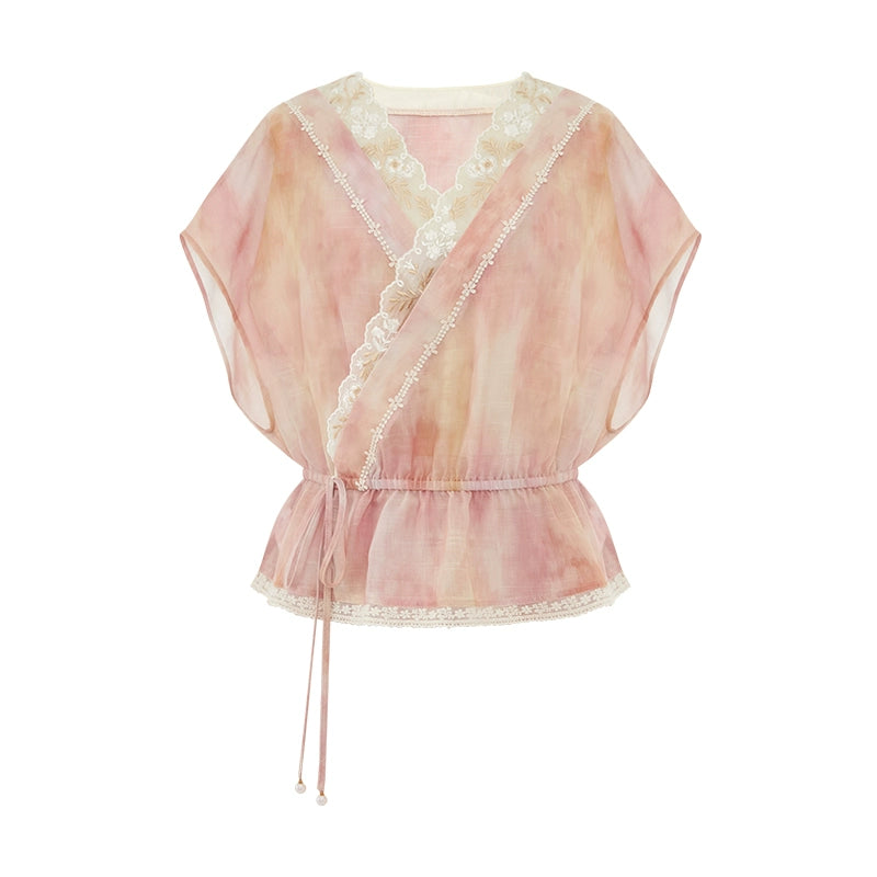 More than thirteen [Xiaohe Flip] Summer national style smudged pink top and shorts set HanFuDreams top S