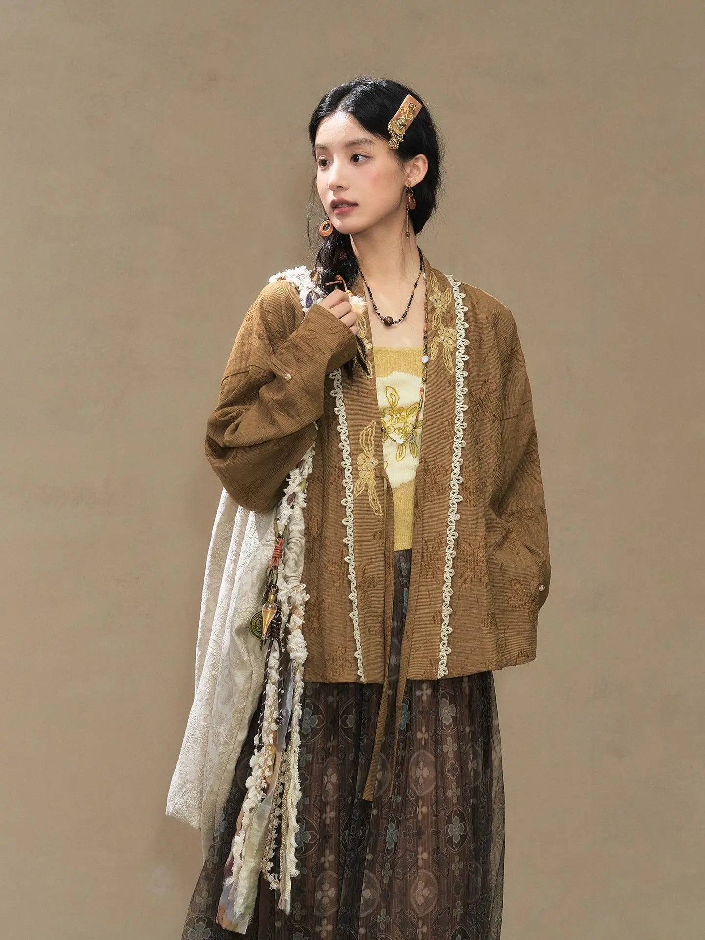 July Eve [caramel wood] embroidered knitted vest cardigan mesh skirt han HanFuDreams