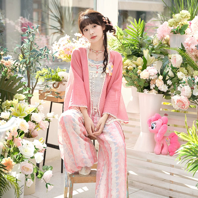 More than Thirteen [Party Magic] Spring Jacket Pants National Style Set modern HanFuDreams Three-piece set (pink) S