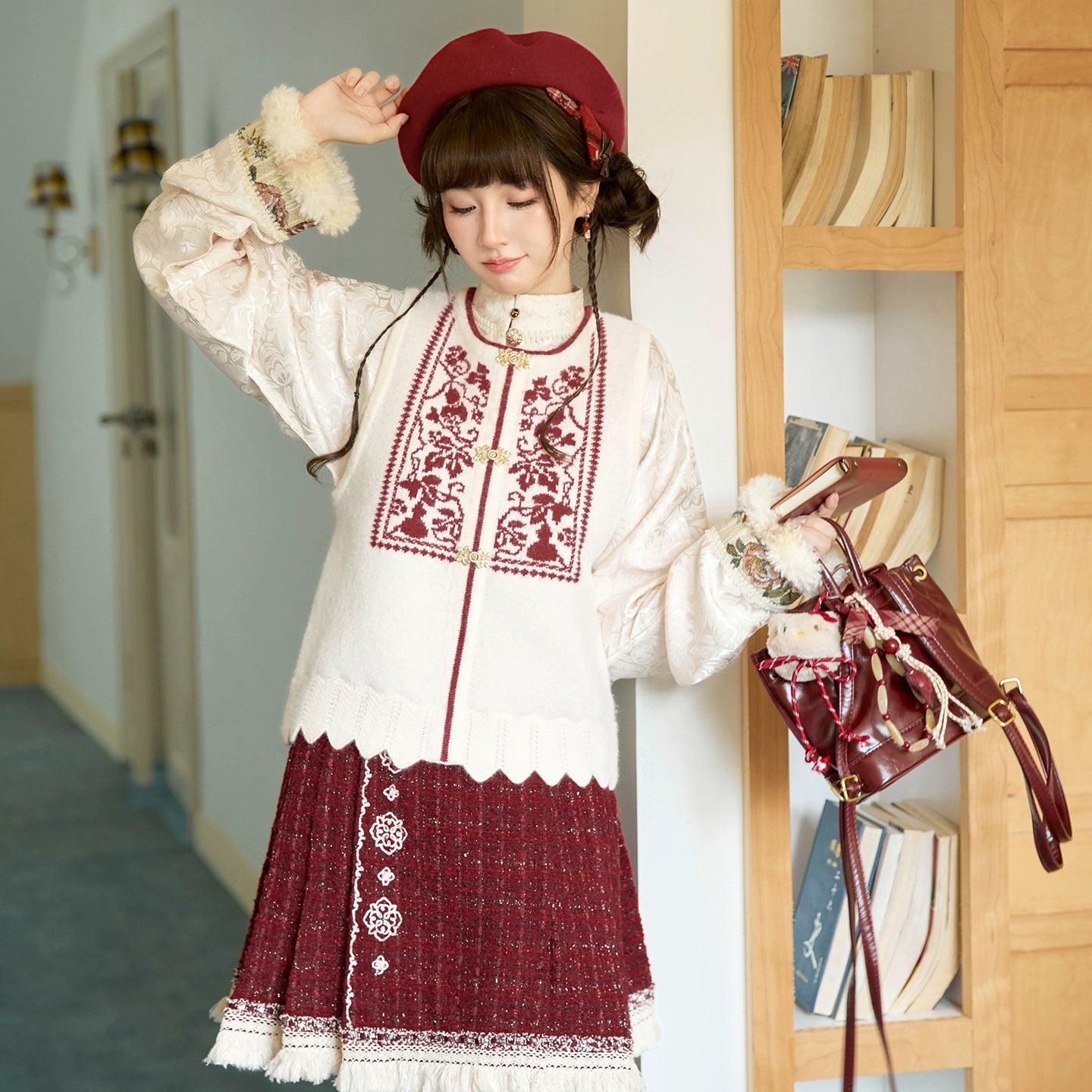 More than thirteen [Fulu flowers] knitted jacquard than nail sweater short horse face set modern HanFuDreams Two-piece set, in stock. S