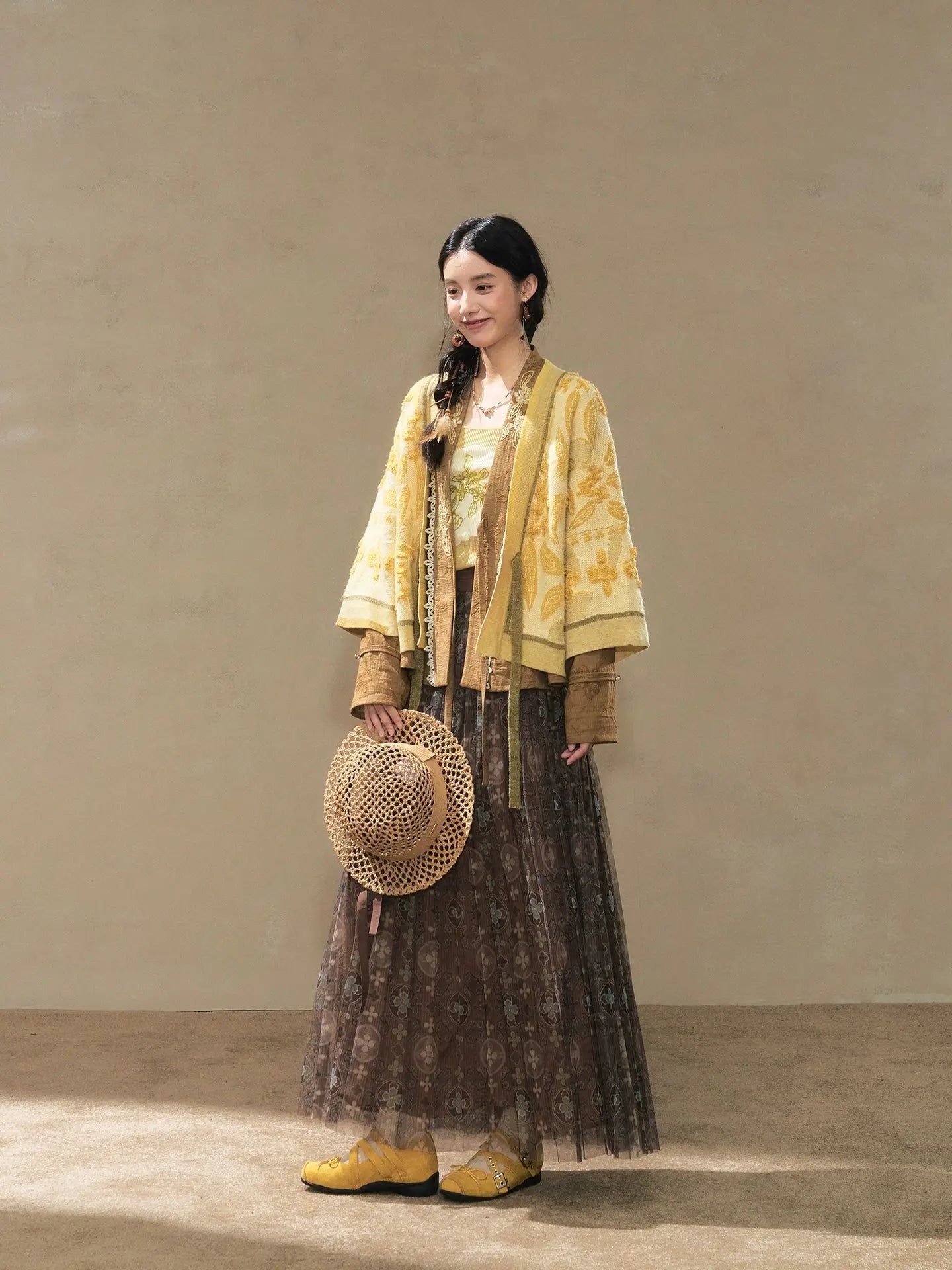 July Eve [caramel wood] embroidered knitted vest cardigan mesh skirt han HanFuDreams