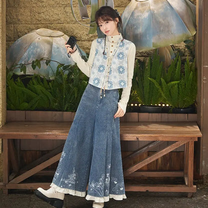 [Boxin Yue] 2025 autumn new jacquard vest denim skirt pants modern HanFuDreams Vest + denim skirt pants + snow shirt, sweater S