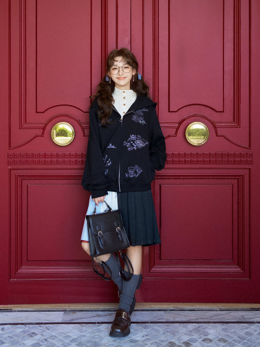 More than thirteen [Wangchuan Yi] embroidered zipper jacket black hooded sweater modern HanFuDreams