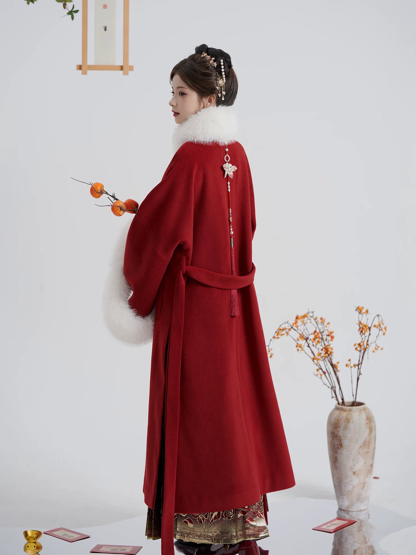 Snow Perched Red Branch - Red Hanfu Wool Coat—White Fur Collar & Back Waist Tie Flower Fairy Story